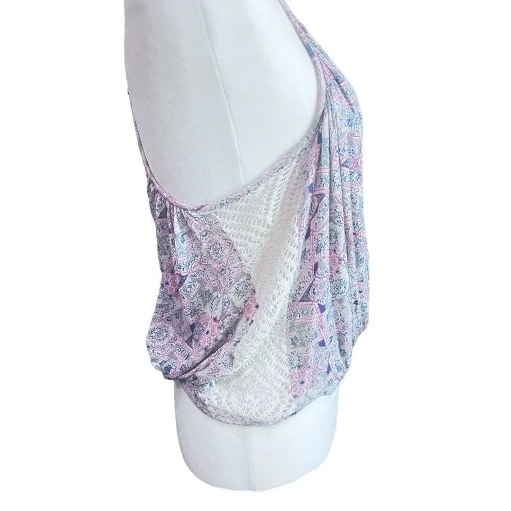 Free People Boho Floral Crochet Lace Tank Top Wrap Front Spaghetti Strap Cami XS